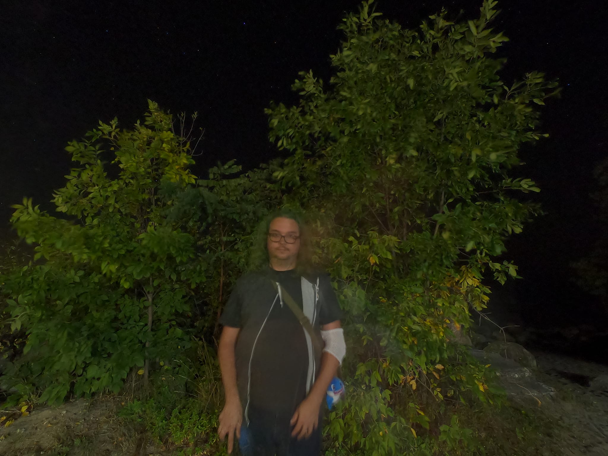 A man with long green hair and no beard stands in front of some decorative trees, the photo has motion blur"